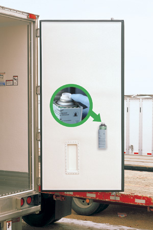 Back door of tractor trailer with image of spray can spraying 1,4 Ship® Product